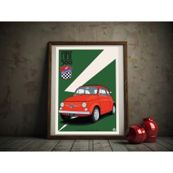 Affiche Fiat 500 au style vintage du modèle historique de Fiat : la Fiat 500 présentée dans un cadre